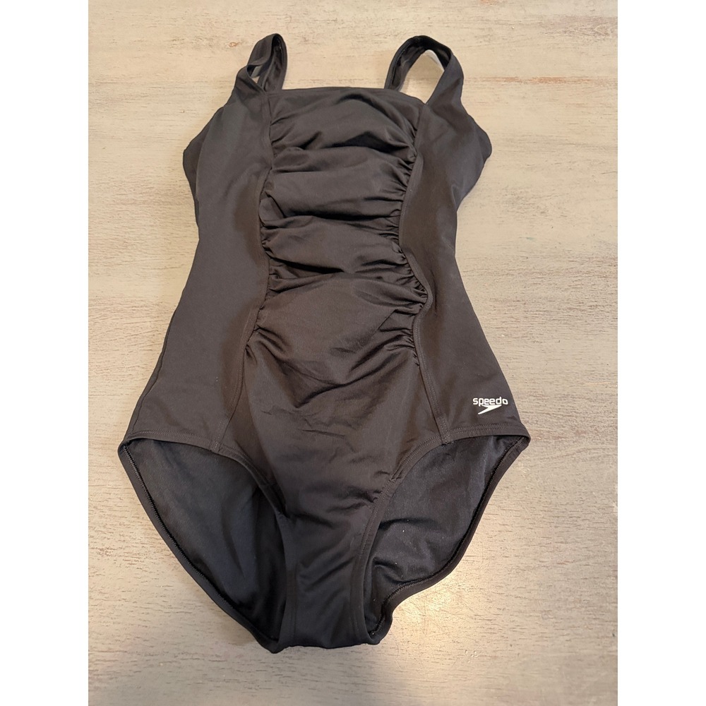 Speedo Endurance+ One Piece Swimsuit Black Ruched Hydro Bra Womens 12